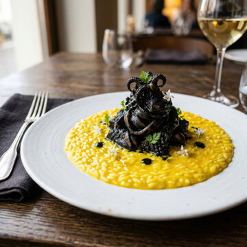 Authentic Risotto alle Seppie e Zafferano Saffron Risotto with Squid Ink Cuttlefish Isolated on White Background