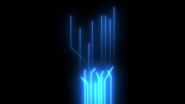 A mesmerizing video showcasing vibrant blue lights against a dark background. Neon circuit board shiny technology motion design.