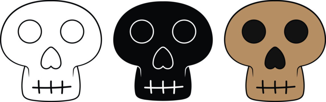 Cartoon Skull Icon Set in Outline, Solid, and Brown Style. Cute simple skull symbols for Halloween and seasonal design. Versatile flat icons for party prints, stickers, and graphics.
