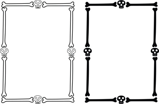 Halloween Skull and Bone Frame Border Set in Black Outline. Gothic skeleton rectangular borders for spooky seasonal design. Bold horror frames for party posters and holiday invitations.
