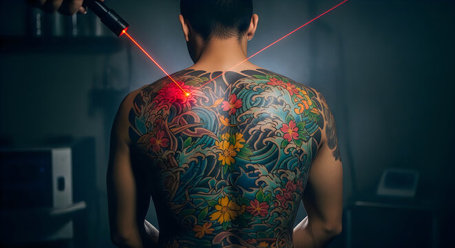 Laser tattoo removal procedure on large traditional Japanese back tattoo