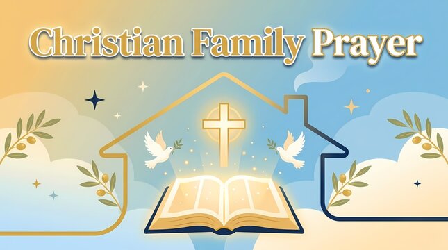 Christian family prayer background with open bible and cross