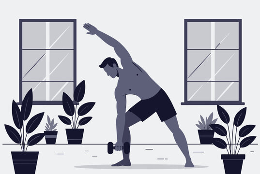 Athletic man exercises in his living room by performing lateral side bends with a dumbbell next to houseplants.