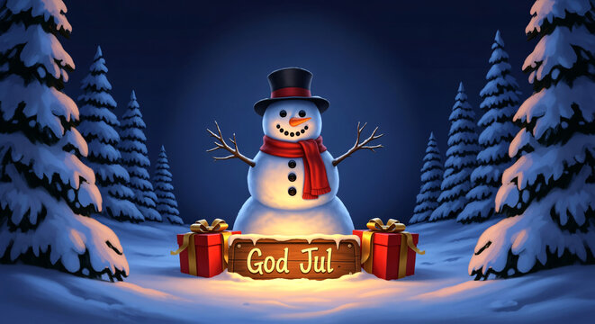 Festive Snowman in Snowy Forest with 'God Jul' Sign and Presents