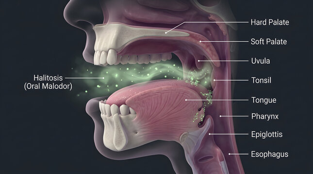 Profile view of human oral cavity with halitosis visualization