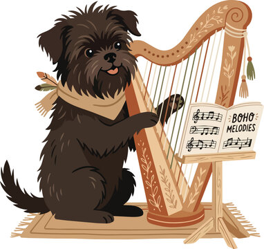Cute Boho Dog Playing Handmade Wooden Harp with Music Sheet Showing Bohemian Melodies harpsichord harps animal tracing clean lines illustration