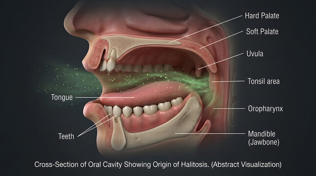 Diagram of oral cavity showing origin of bad breath