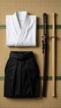 karate iaido white gi, black hakama and katana on bamboo mat