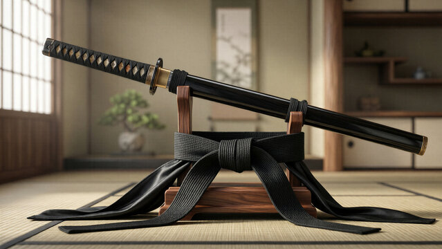 karate iaido japanese katana sword on wooden stand in dojo interior