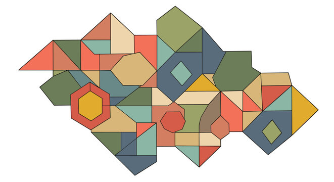 Cluster of varied geometric shapes in muted tones of green, red, and blue forms a unique abstract patchwork illustration.