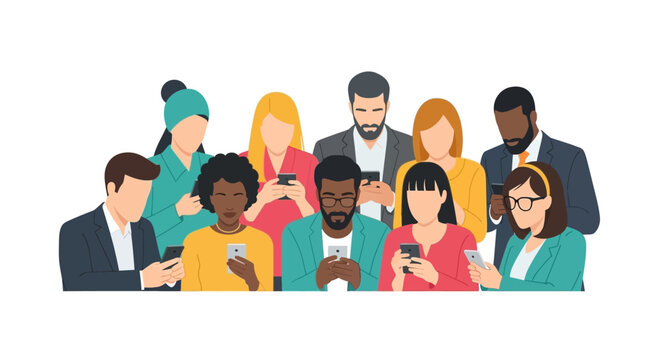 Diverse Group of People Using Smartphones and Mobile Devices, Flat Vector Illustration of Multiethnic Men and Women Browsing Social Media and Texting