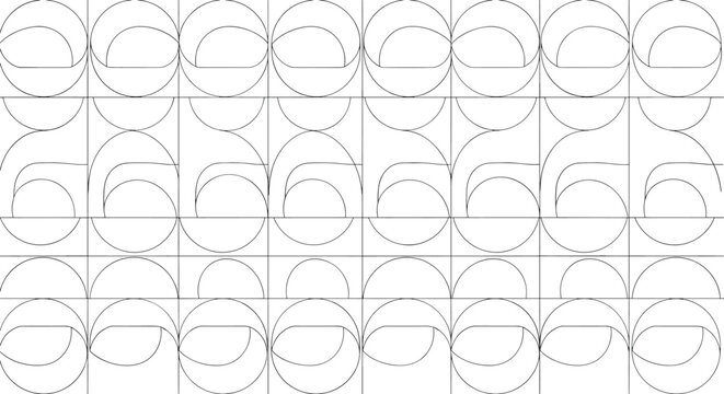 Minimalist black and white geometric pattern consists of thin lines forming intersecting circles and semi-circles.