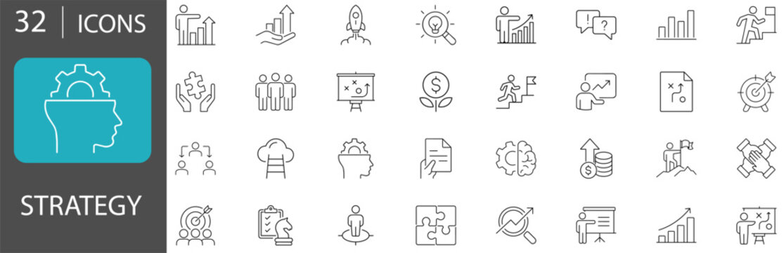 Business Strategy and Strategic Planning Line Icon Set with Decision Making, Competitive Analysis, Goal Setting and Corporate Growth Vector Symbols