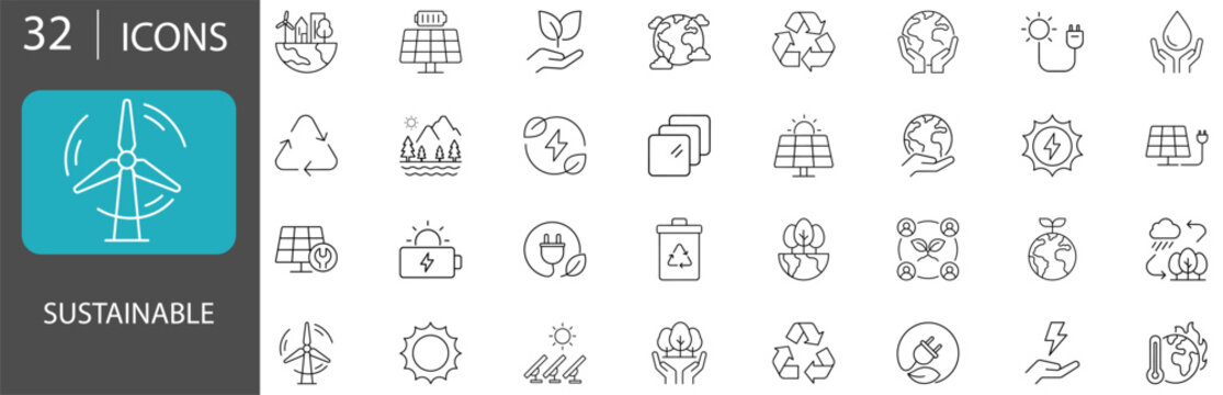 Sustainability and Environmental Line Icon Set with Green Energy, Eco Innovation, Climate Action, Renewable Resources and ESG Vector Symbols