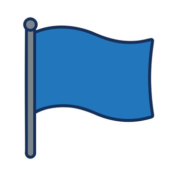 Vibrant blue flag waving gently on a gray pole against a crisp white backdrop