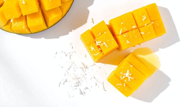 Fresh Ripe Mango Cubes on a Bright White Background