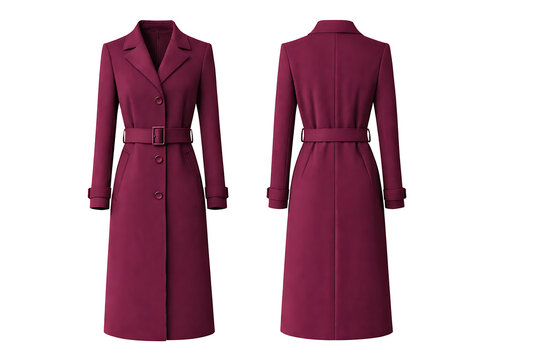 Elegant purple women trench coat front and back view isolated on transparent background