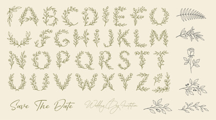 Naklejka premium Hand drawn decorative wedding ornaments collection. with letters organic shape