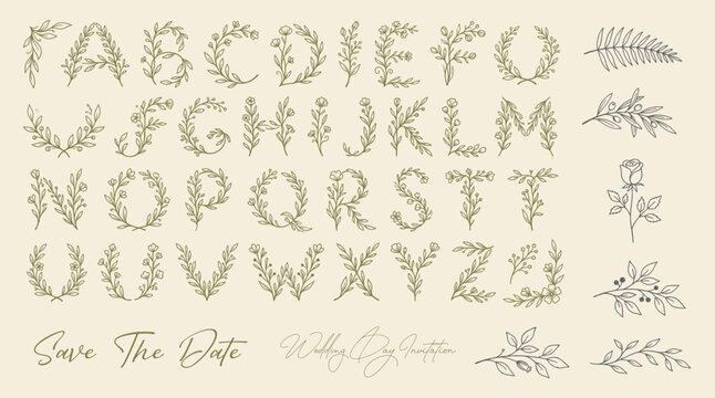 Hand drawn decorative wedding ornaments collection. with letters organic shape