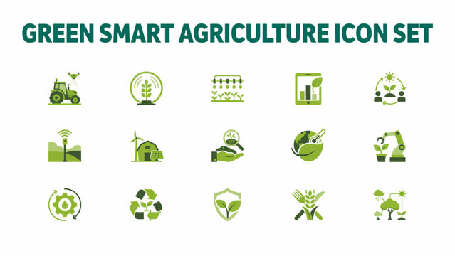 Green smart agriculture icon set flat vector graphics on a white background for digital applications farming crops harvest