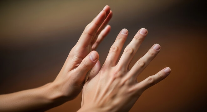 Close up of two human hands rubbing together. Person clapping or warming up hands against a blurred brown background