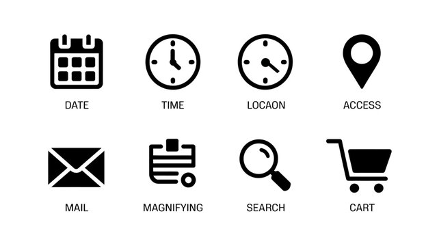 Collection Of Eight Flat Black Icons On A White Background Representing Common Digital Functions calendar icon clock location