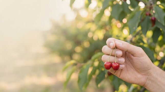 Hand Picking Ripe Cherries Straight From Orchard Tree Branch