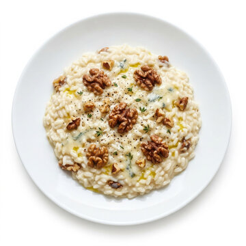 Authentic Risotto al Mascarpone, Zola e Noci, Mascarpone, Gorgonzola and Walnut Risotto Isolated on White Background