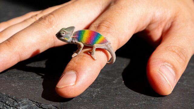 A small, fascinating tiny animal, a baby chameleon with a bright rainbow stripe, balances on a finger against a slate stone background under hard sunlight.