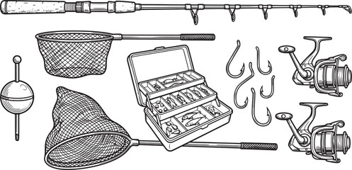 Fishing Equipment Hand Drawn Set with Rod, Reel, Hooks and Tackle Box   © Open Expression