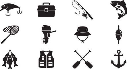 Fishing Icons Silhouettes Set with Tackle, Boat and Angler Equipment © Open Expression
