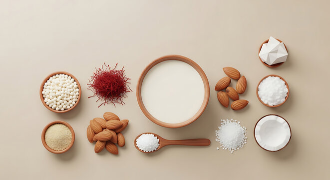 Almond milk, tapioca pearls, saffron, and coconut ingredients for dessert