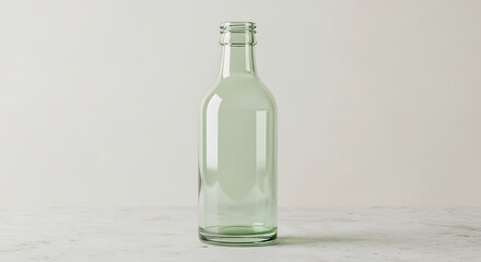 Obraz premium Empty clear green glass syrup bottle standing on a white surface