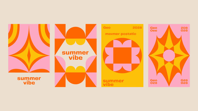 Orange and red retro floral ornament pattern with geometric shapes and text overlays vintage design abstract shape vector
