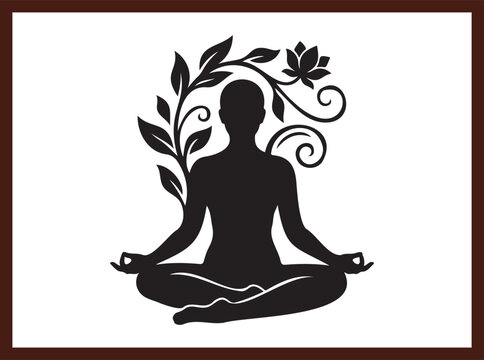 Meditation Silhouette with Lotus Floral Elements for Wellness and Health