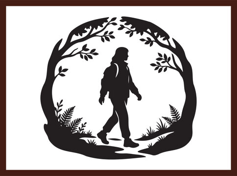 Silhouette of a Woman Hiking in Forest for Wellness and Fitness
