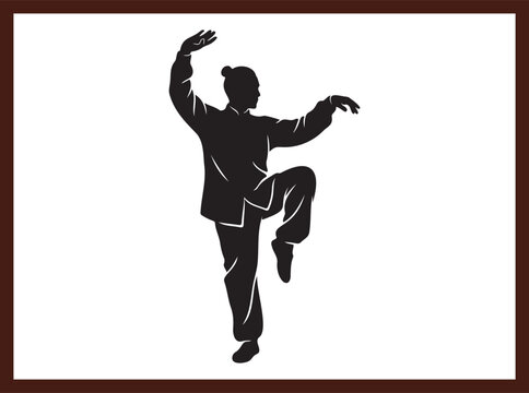 Tai Chi Practitioner Silhouette in Crane Pose for Fitness and Wellness