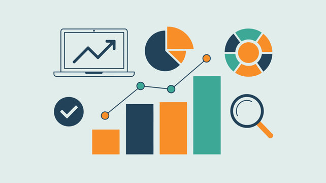 Collection Of Business Icons Featuring A Laptop Pie Charts Bar Graphs Magnifying Glass And Check Mark data analytics