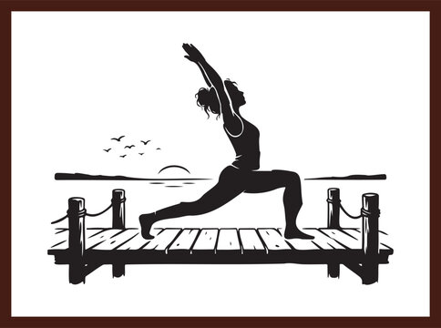 Silhouette of a Woman Doing Yoga on a Dock at Sunrise for Wellness