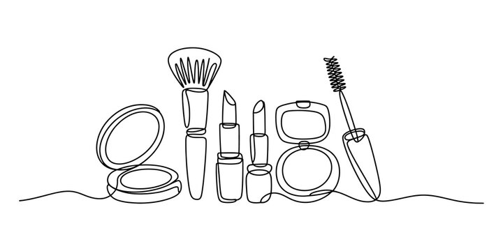 Continuous line drawing of makeup tools and beauty products