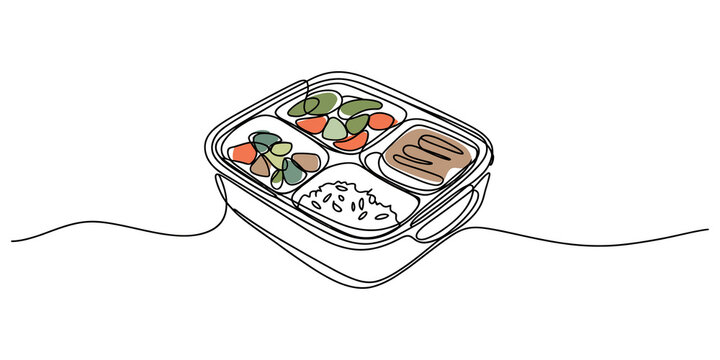 Continuous line drawing Hand drawn bento lunch box with healthy food in a plastic container