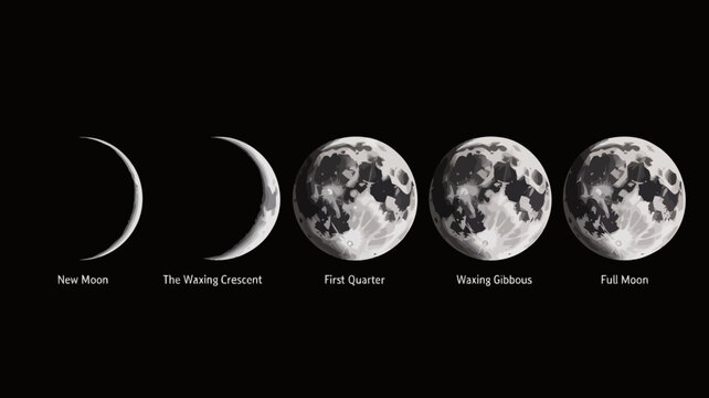 Lunar phases illustration depicts new moon waxing crescent first quarter waxing gibbous and full moon moon cycle crescent