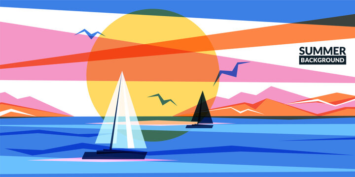 Abstract geometric summer landscape background with sailboat, sun, sea, mountains. Vector sunset or sunrise illustration