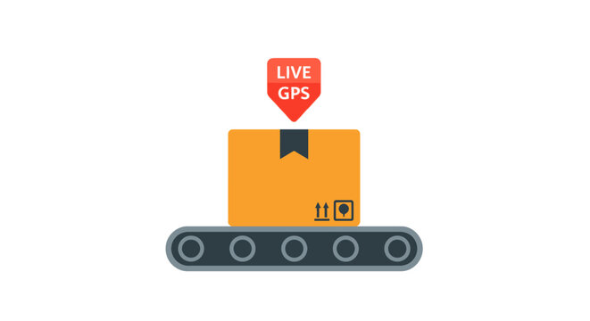 Package Tracking and Logistics: Cardboard Box on Conveyor Belt with Live GPS Tag for Real-Time Shipping Monitoring