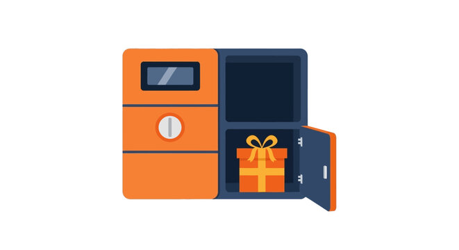 Automated parcel locker station with a gift box inside, flat vector illustration of a delivery terminal for e-commerce and secure package pickup.