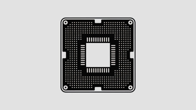Black silhouette of a microchip with pin grid isolated on a light gray background integrated circuit chip silicon