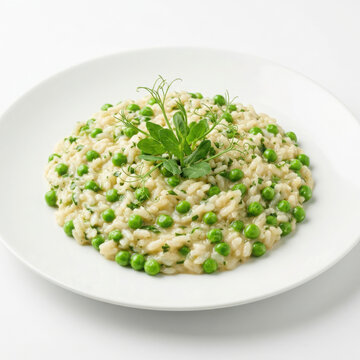 Authentic Riso e Bisi della Laguna Venetian Rice and Spring Peas Isolated on White Background