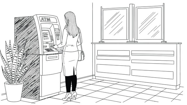 Woman using automated teller machine at bank branch for cash withdrawal or financial transaction line art style for coloring book education bank services.