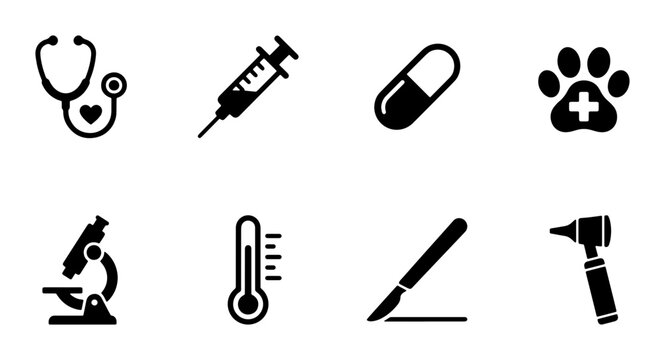 Veterinary Medical Icons Set: Stethoscope, Syringe, Pill, Paw Print, Microscope, Thermometer, Scalpel, Otoscope