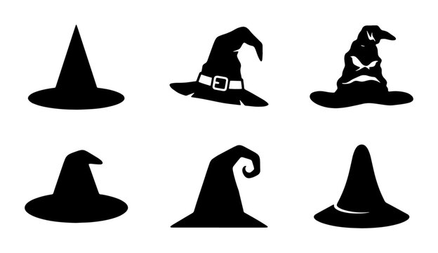 Halloween Witch Hats Vector Icons Set, Spooky Silhouette Collection for Festive Design, Magical Headwear Graphics